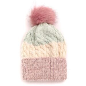 Boutique Cable knit kwaii cozy vibes Soft color block stripe knit beanie Pom Pom
